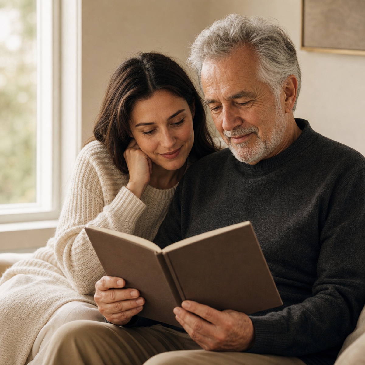 A father and daughter reading a keepsake together