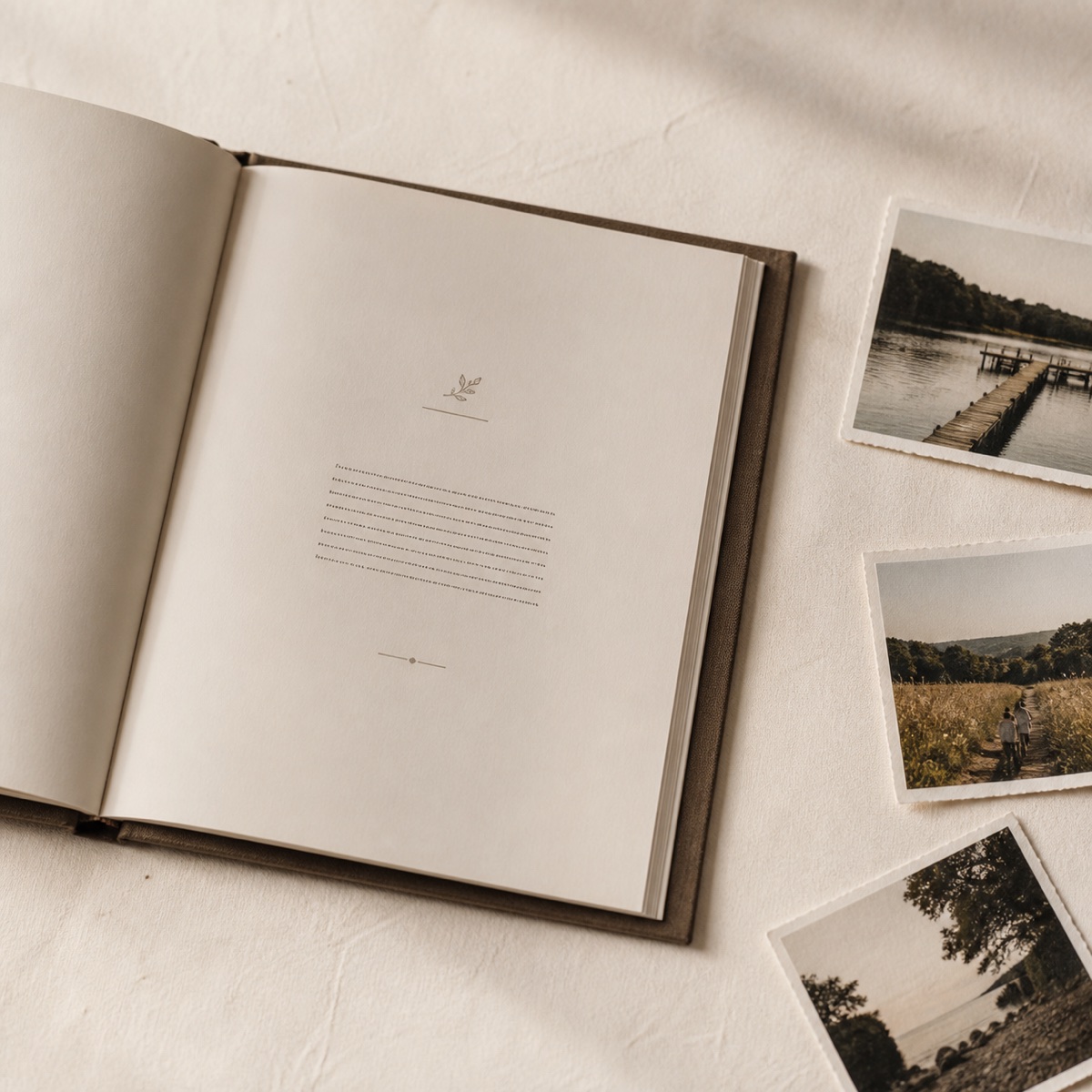 An open personalized keepsake surrounded by treasured photographs